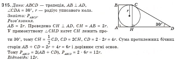 Завдання № 315 - § 7. Вписані й описані чотирикутники - ГДЗ Геометрія 8 клас Г.П. Бевз, В.Г. Бевз, Н.Г. Владімірова 2008