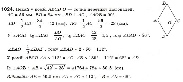 Завдання № 1024 - § 22. Розв'язування прямокутних трикутників - ГДЗ Геометрія 8 клас Г.П. Бевз, В.Г. Бевз, Н.Г. Владімірова 2008