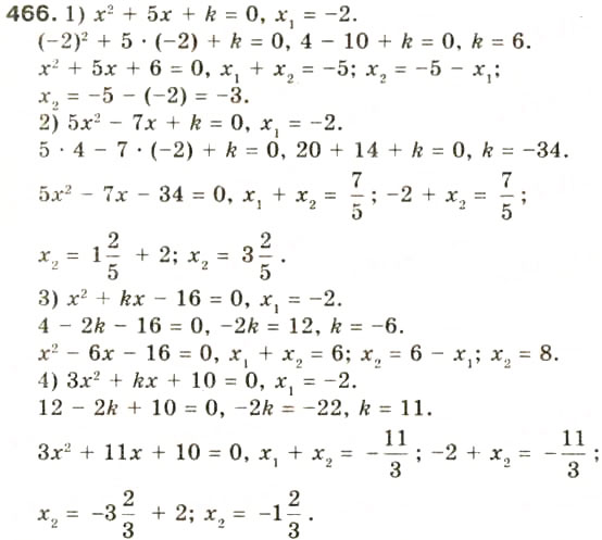 Завдання № 466 - § 22. Теорема Вієта - ГДЗ Алгебра 8 клас О.Я. Біляніна, Н.Л. Кінащук, І.М. Черевко 2008