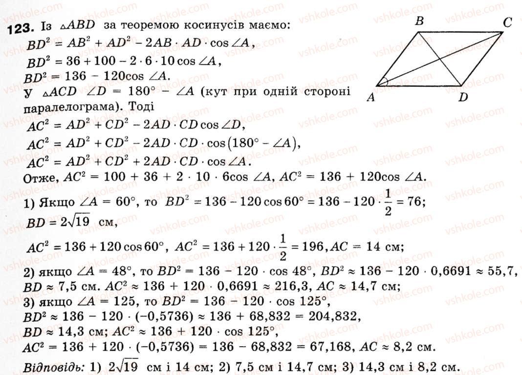 Завдання № 123 - § 4. Теорема косинусів - ГДЗ Геометрія 9 клас М.І. Бурда, Н.А. Тарасенкова 2009