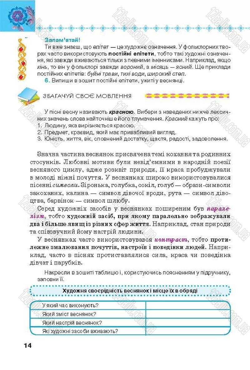 Сторінка 14 - Підручник Українська література 6 клас Коваленко 2014 - скачати онлайн
