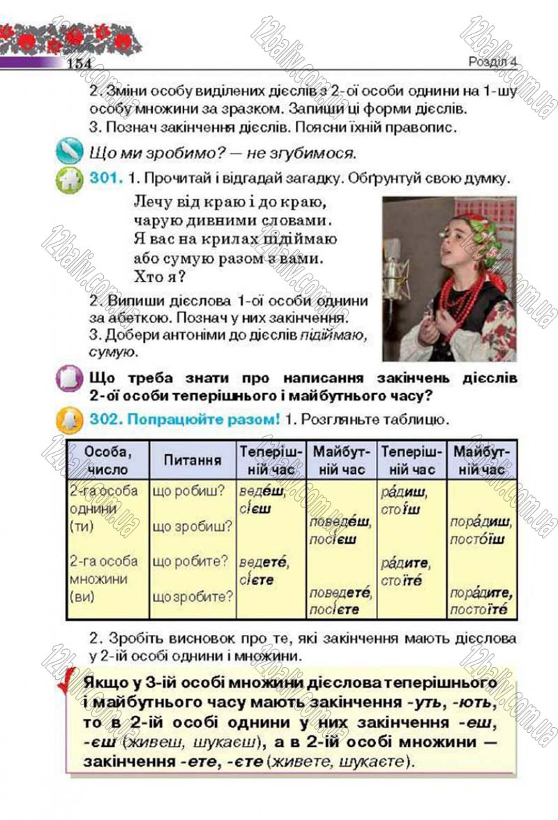 Сторінка 154 - Підручник Українська мова 4 клас М.С. Вашуленко, С.Г. Дубовик 2015