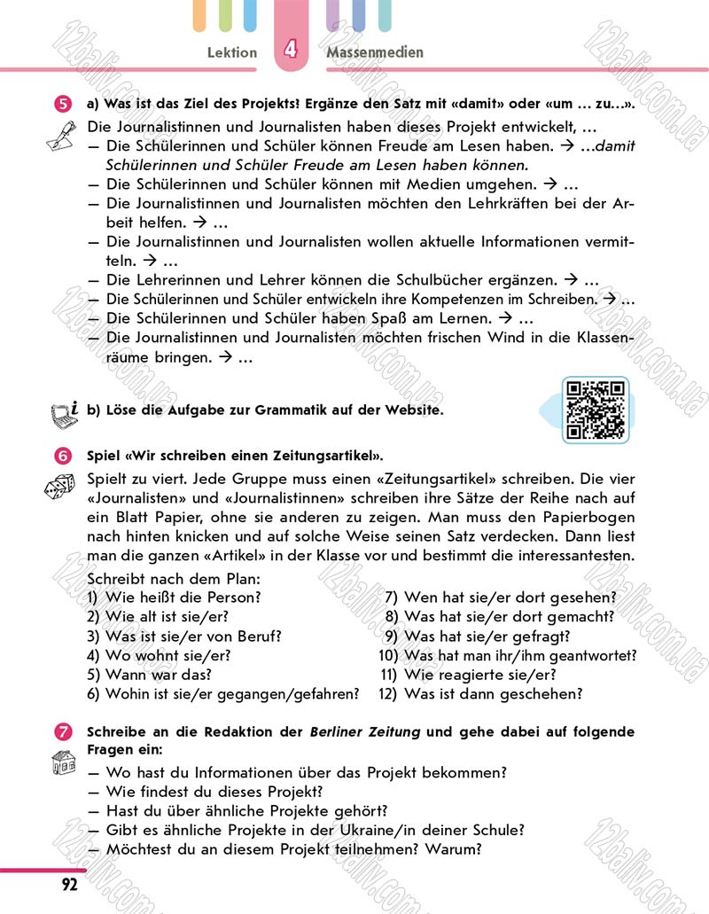 Сторінка 92 - Підручник 10 клас Німецька мова Сотникова 2018 рік (6-й рік навчання)