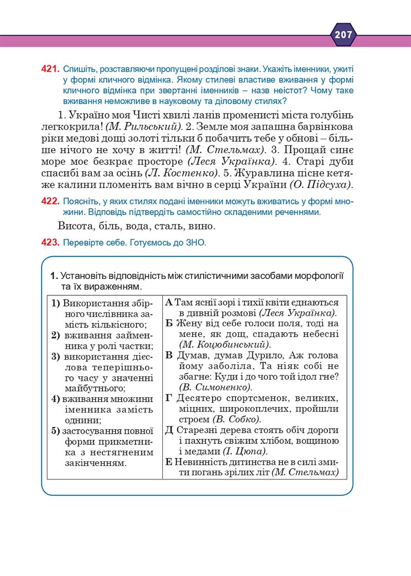 Сторінка 207 - Підручник Українська мова 10 клас Н. М. Тушніцка, М. Б. Пилип 2018