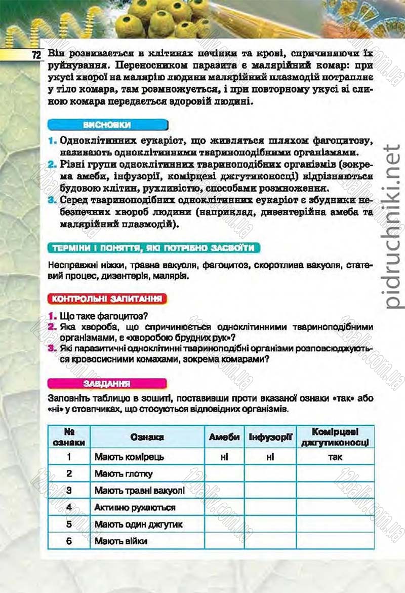 Сторінка 72 - Підручник Біологія 6 клас Костіков 2014 - скачати онлайн