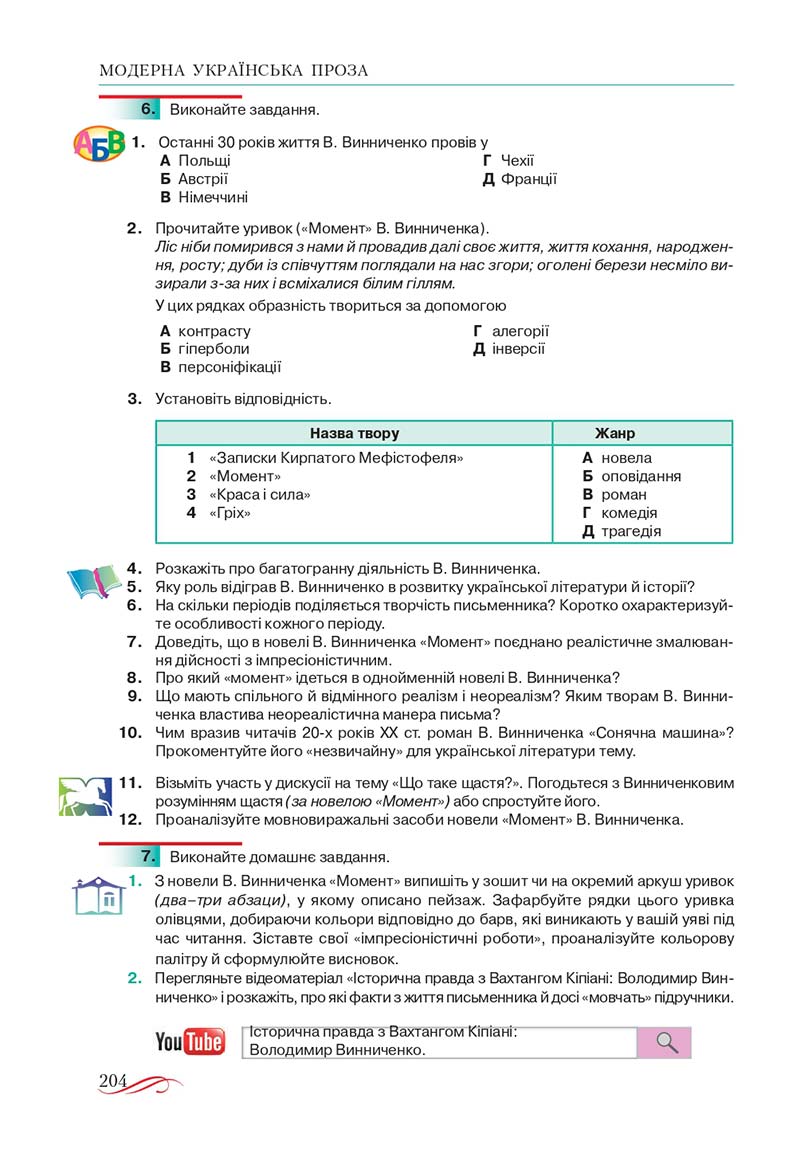 Сторінка 204 - Підручник Українська література 10 клас О.М. Авраменко, В.І. Пахаренко 2018