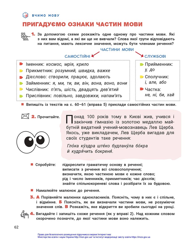 Сторінка 62 - Підручник Українська мова та читання 4 клас Іщенко 2021 - Частина 1 - скачати