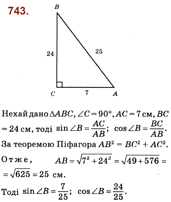 Завдання № 743 - Розділ 3. Розв'язування прямокутних трикутників - ГДЗ Геометрія 8 клас О.С. Істер 2021 