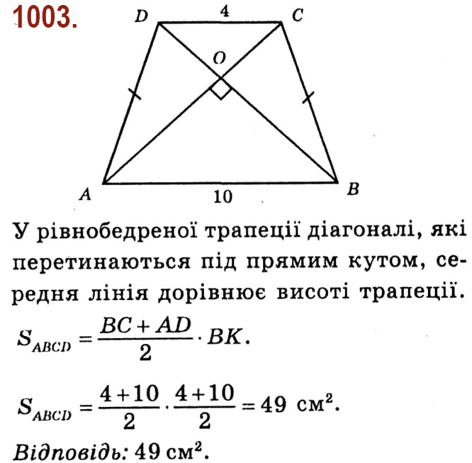 Завдання № 1003 - Розділ 4. Многокутники. Площі многокутників - ГДЗ Геометрія 8 клас О.С. Істер 2021 