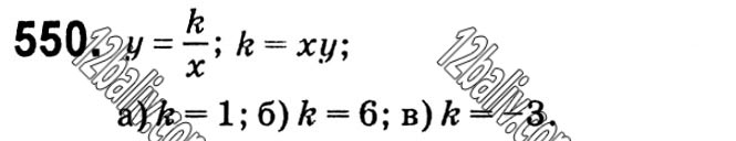 Завдання № 550 - § 12. Функція y = k/x - Розділ 1. Раціональні вирази - ГДЗ Алгебра 8 клас Г.П. Бевз, В.Г. Бевз 2021 
