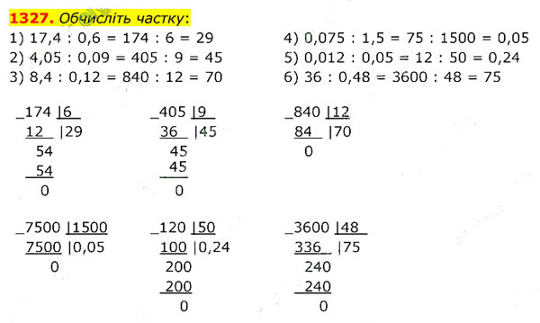 Завдання №  1327 - 37. Ділення на дріб - 38. Відсотки - § 7. Множення і ділення десяткових дробів - ГДЗ Математика 5 клас В. Кравчук, Г. Янченко 2022 
