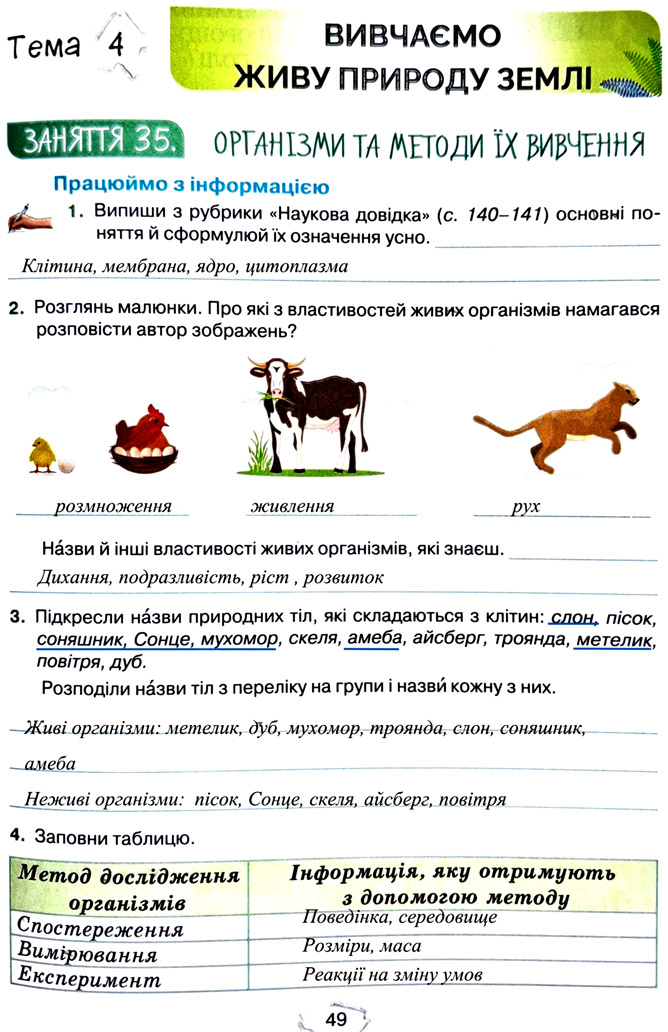 Завдання № стор. 49 - Тема 4. Вивчаємо живу природу землі - ГДЗ Пізнаємо природу 5 клас Т.В. Коршевнюк, Г.О. Ярошенко 2022 - Робочий зошит