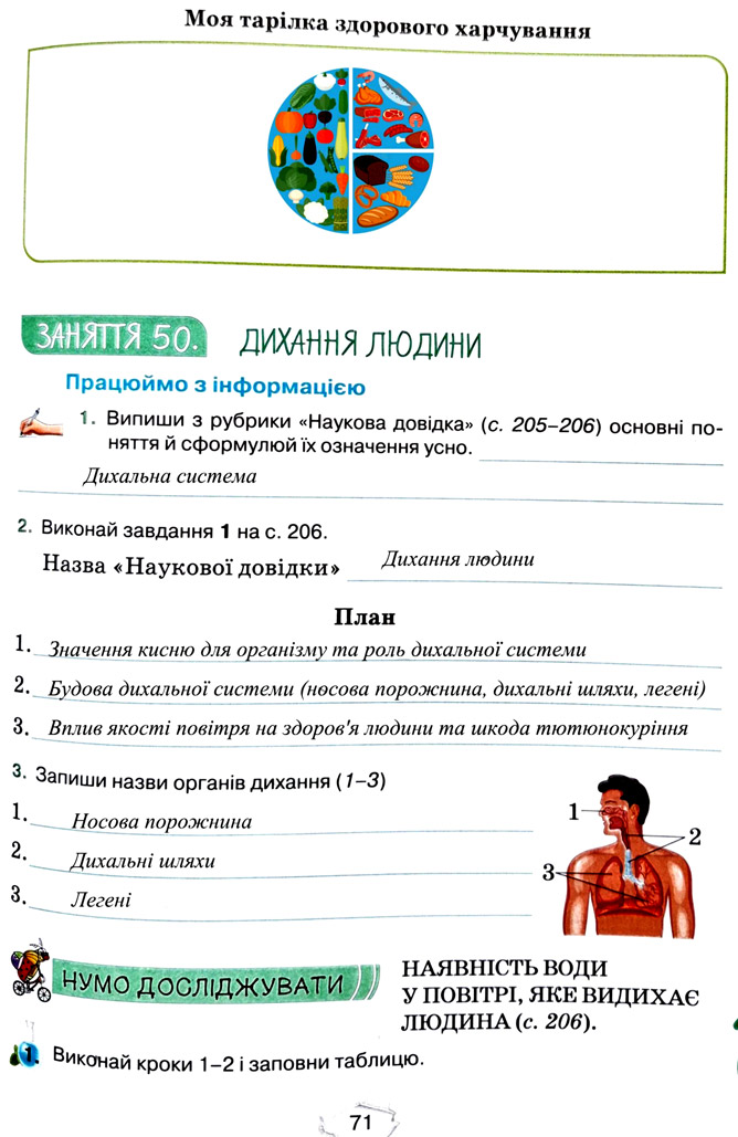 Завдання №  стор. 71 - Тема 5. Пізнаємо організм людини - ГДЗ Пізнаємо природу 5 клас Т.В. Коршевнюк, Г.О. Ярошенко 2022 - Робочий зошит