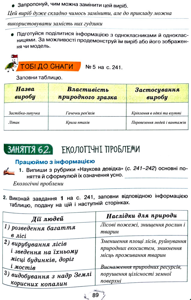 Завдання №  стор. 89 - Тема 6. Вчимося у природи і дбаємо про її збереження - ГДЗ Пізнаємо природу 5 клас Т.В. Коршевнюк, Г.О. Ярошенко 2022 - Робочий зошит