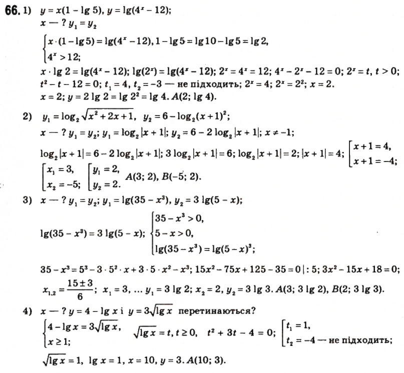 Завдання № 66 - § 3. Розв'язання показникових і логарифмічних рівнянь, нерівностей та їхніх систем - ГДЗ Математика 11 клас О.М. Афанасьєва, Я.С. Бродський, О.Л. Павлов 2011