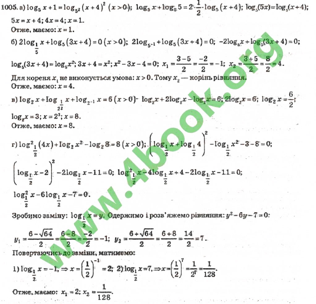 Завдання № 1005 - Розділ 6. Логарифмічна функція - ГДЗ Алгебра 10 клас В.Р. Кравчук 2010 - Академічний рівень