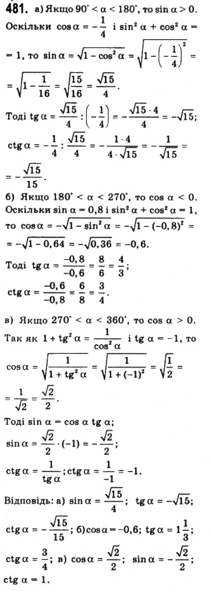 Завдання № 481 - § 12. Основні тригонометричні формули - ГДЗ Математика 10 клас Г.П. Бевз, В.Г. Бевз 2011 - Рівень стандарту