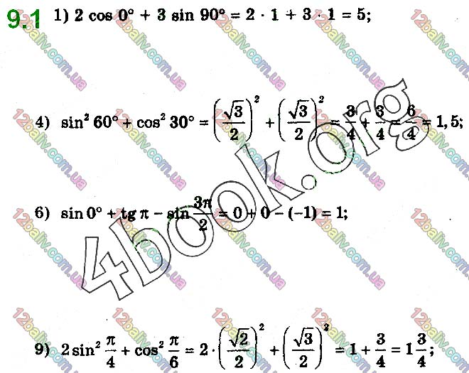 Завдання № 9.1 - 9. Тригонометричні функції числового аргументу - ГДЗ Математика 10 клас А.Г. Мерзляк, Д.А. Номіровський, В.Б. Полонський, М.С.Якір 2018 - Рівень стандарту