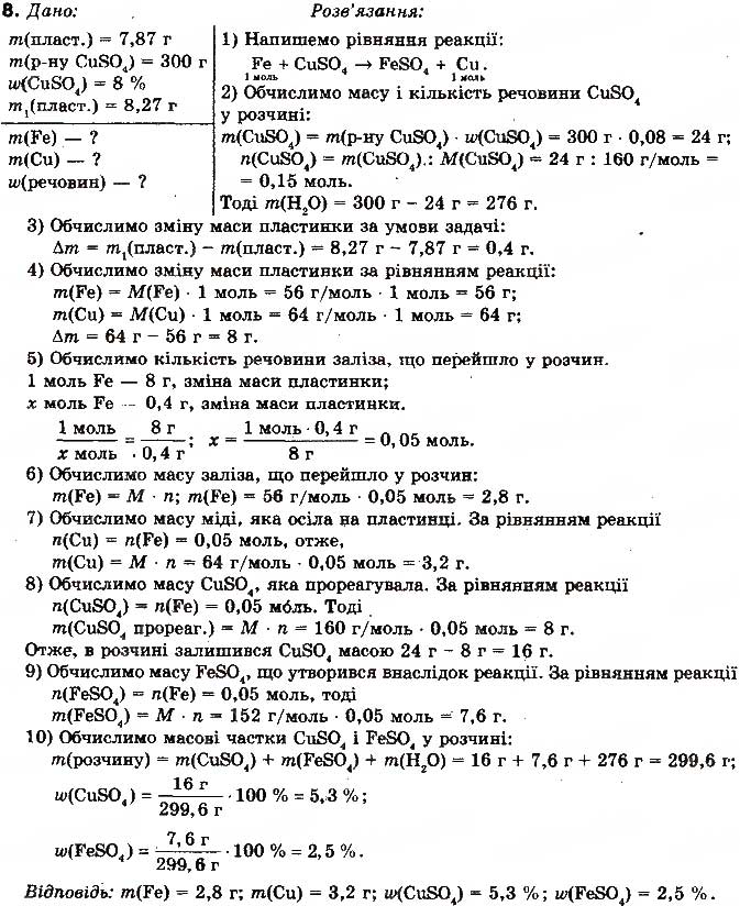 Завдання № 8 - § 57. Розрахунки за рівняннями хімічних реакцій між розчином солі та металом - ГДЗ Хімія 10 клас Н.М. Буринська, В.М. Депутат, Г.Ф. Сударева 2010 - Профільний рівень