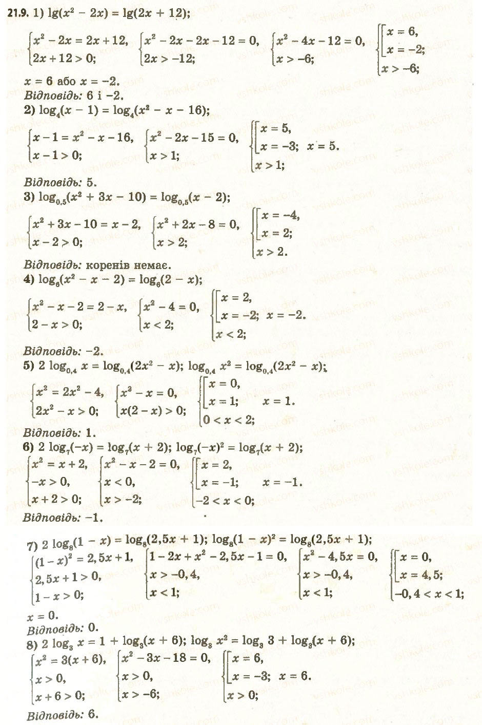 Завдання № 9 - 21. Логарифмічні рівняння - ГДЗ Алгебра 11 клас А.Г. Мерзляк, Д.А. Номіровський, В.Б. Полонський, М.С. Якір 2011 - Академічний, профільний рівні