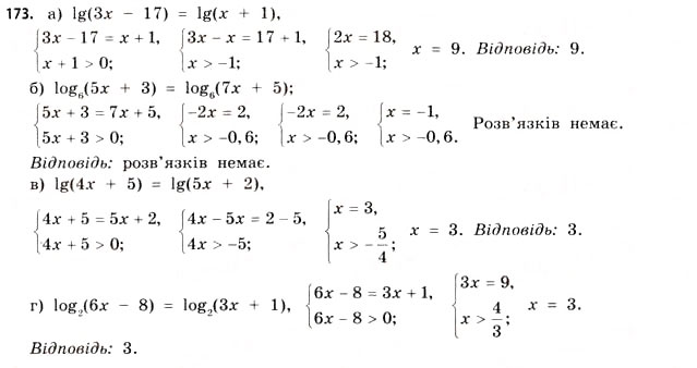 Завдання № 173 - § 5. Логарифмічні рівняння та нерівності - ГДЗ Математика 11 клас Г.П. Бевз, В.Г. Бевз 2011 - Рівень стандарту