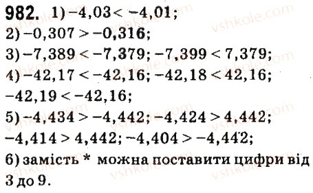 Завдання № 982 - § 37. Порівняння раціональних чисел - ГДЗ Математика 6 клас О.С. Істер 2014