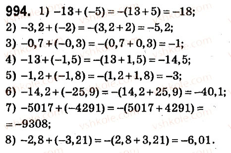Завдання № 994 - § 38. Додавання від’ємних чисел - ГДЗ Математика 6 клас О.С. Істер 2014
