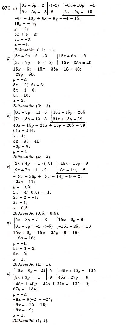 Завдання № 976 - 30. Розв’язування систем лінійних рівнянь способом додавання - ГДЗ Алгебра 7 клас Г.М. Янченко, В.Р. Кравчук 2008