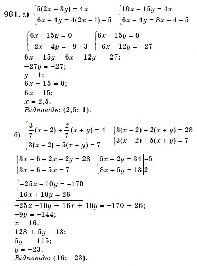 Завдання № 981 - 30. Розв’язування систем лінійних рівнянь способом додавання - ГДЗ Алгебра 7 клас Г.М. Янченко, В.Р. Кравчук 2008