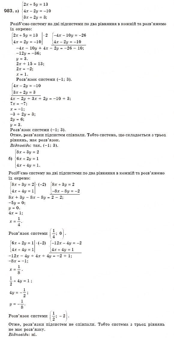 Завдання № 983 - 30. Розв’язування систем лінійних рівнянь способом додавання - ГДЗ Алгебра 7 клас Г.М. Янченко, В.Р. Кравчук 2008