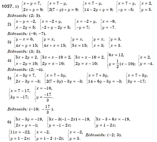 Завдання № 1037 - § 28. Розв'язування систем двох лінійних рівнянь з двома змінними способом підстановки (Уроки 73, 74) - ГДЗ Алгебра 7 клас О.С. Істер 2007