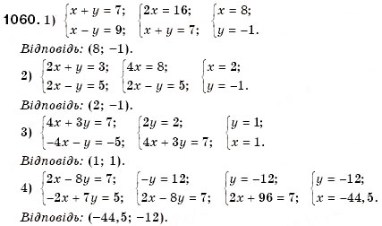 Завдання № 1060 - § 29. Розв'язування систем двох лінійних рівнянь з двома змінними способом додавання (Уроки 75, 76) - ГДЗ Алгебра 7 клас О.С. Істер 2007