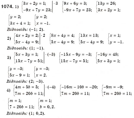 Завдання № 1074 - § 29. Розв'язування систем двох лінійних рівнянь з двома змінними способом додавання (Уроки 75, 76) - ГДЗ Алгебра 7 клас О.С. Істер 2007