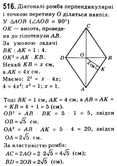 Завдання № 516 - 15. Метричні співвідношення у прямокутному трикутнику - ГДЗ Геометрія 8 клас А.Г. Мерзляк, В.Б. Полонський, М.С. Якір 2008