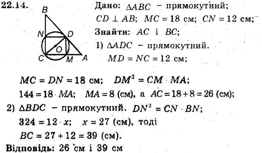 Завдання № 14 - 22. Метричні співвідношення в прямокутному трикутнику - ГДЗ Геометрія 8 клас А.Г. Мерзляк, В.Б. Полонський, М.С. Якір 2008 - Поглиблений рівень вивчення