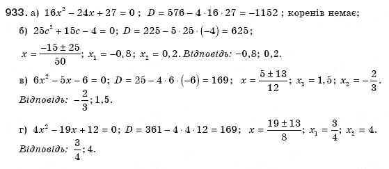 Завдання № 933 - § 20. Формула коренів квадратного рівняння - ГДЗ Алгебра 8 клас Г.П. Бевз, В.Г. Бевз 2008
