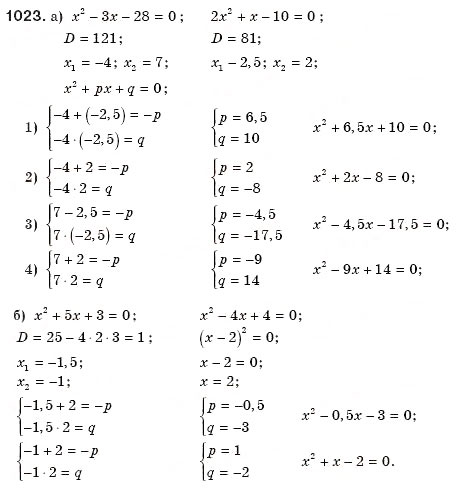 Завдання № 1023 - § 21. Теорема Вієта - ГДЗ Алгебра 8 клас Г.П. Бевз, В.Г. Бевз 2008