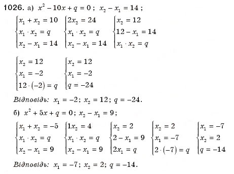 Завдання № 1026 - § 21. Теорема Вієта - ГДЗ Алгебра 8 клас Г.П. Бевз, В.Г. Бевз 2008