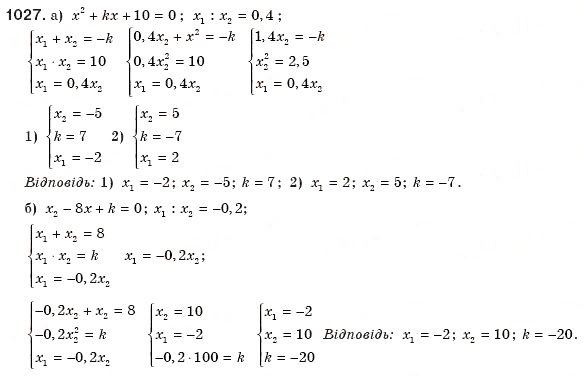 Завдання № 1027 - § 21. Теорема Вієта - ГДЗ Алгебра 8 клас Г.П. Бевз, В.Г. Бевз 2008