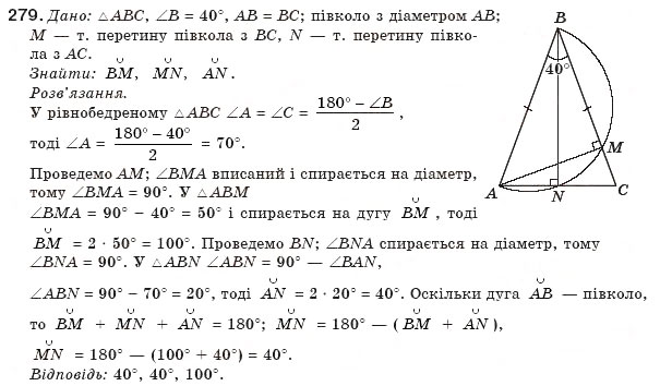 Завдання № 279 - § 6. Центральні і вписані кути - ГДЗ Геометрія 8 клас Г.П. Бевз, В.Г. Бевз, Н.Г. Владімірова 2008
