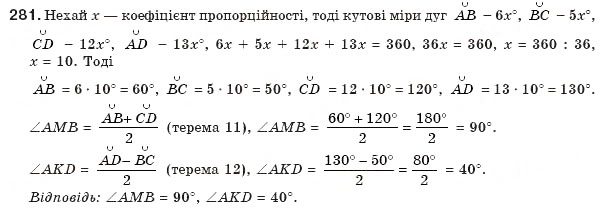 Завдання № 281 - § 6. Центральні і вписані кути - ГДЗ Геометрія 8 клас Г.П. Бевз, В.Г. Бевз, Н.Г. Владімірова 2008