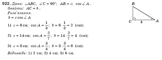 Завдання № 922 - § 22. Співвідношення між сторонами і кутами прямокутного трикутника - ГДЗ Геометрія 8 клас М.І. Бурда, Н.А. Тарасенкова 2007