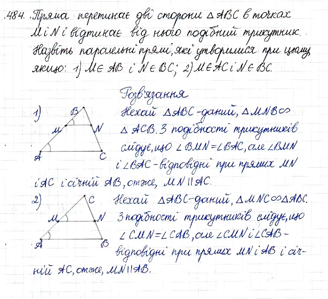 Завдання № 484 - § 10. Подібні трикутники - Розділ 2. Подібність трикутників - ГДЗ Геометрія 8 клас М.І. Бурда, Н.А. Тарасенкова 2016 