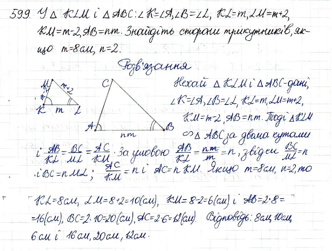 Завдання № 599 - § 12. Перша ознака подібності трикутників - Розділ 2. Подібність трикутників - ГДЗ Геометрія 8 клас М.І. Бурда, Н.А. Тарасенкова 2016 
