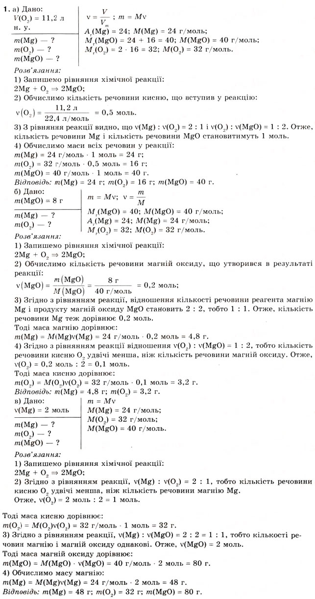 Завдання № 1 - § 23. Розрахунки за хімічними рівняннями маси, обєму, кількості речовини реагентів та продуктів реакції - ГДЗ Хімія 8 клас О.Г. Ярошенко 2008