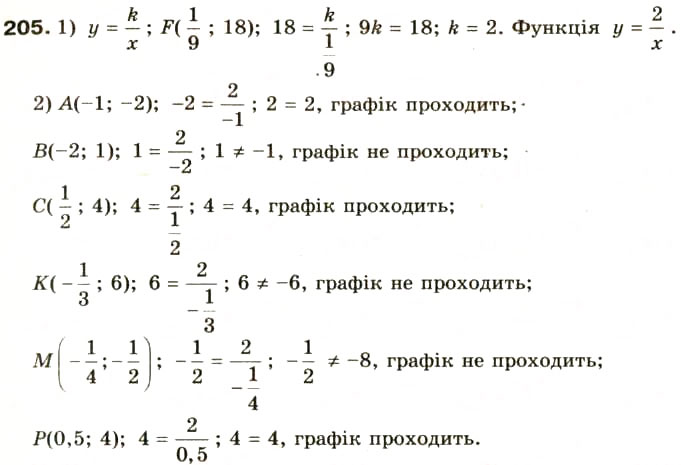 Завдання № 205 - § 10. Функція у = k/x, її графік та властивості - ГДЗ Алгебра 8 клас О.Я. Біляніна, Н.Л. Кінащук, І.М. Черевко 2008