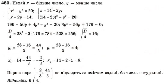 Завдання № 480 - 14. Розв’язування задач за допомогою систем рівнянь другого степеня - ГДЗ Алгебра 9 клас А.Г. Мерзляк, В.Б. Полонський, М.С. Якір 2009