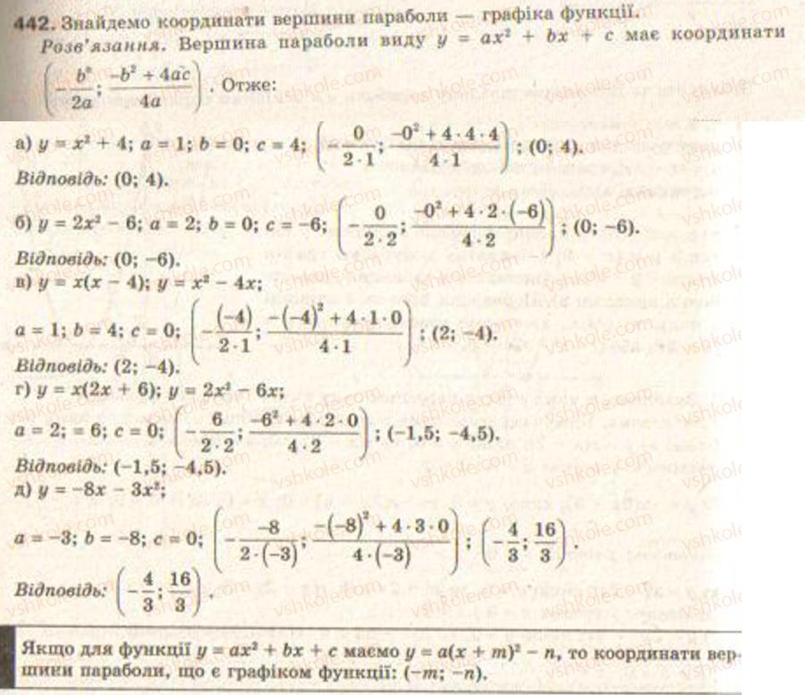 Завдання № 442 - § 11. Квадратична функція - ГДЗ Алгебра 9 клас Г.П. Бевз, В.Г. Бевз 2009
