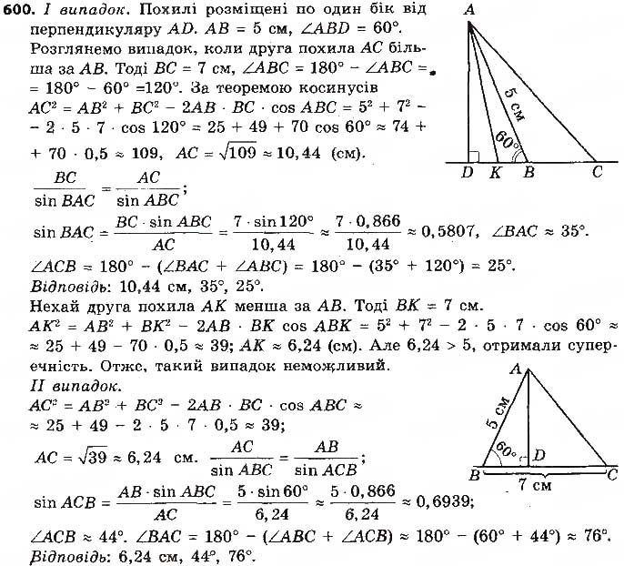 Завдання № 600 - § 13. Розв’язування трикутників. Прикладні задачі - ГДЗ Геометрія 9 клас О.С. Істер 2017