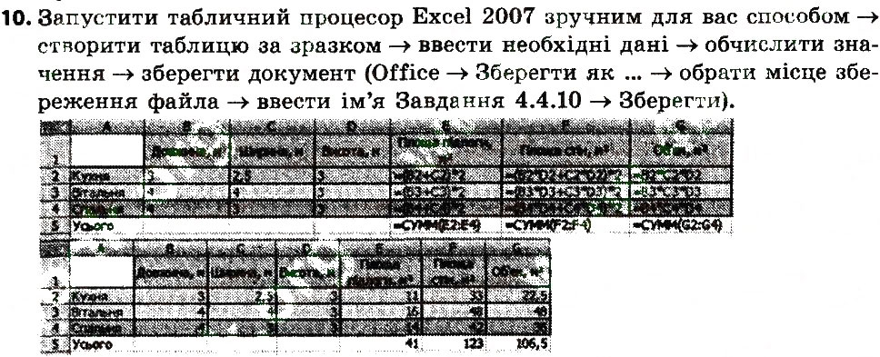 Завдання № 10 - 4.4. Виконання обчислень у табличному процесорі Excel 2007. Виконайте завдання - ГДЗ Інформатика 7 клас Й.Я. Ривкінд, Т.І. Лисенко, Л.А. Чернікова 2015